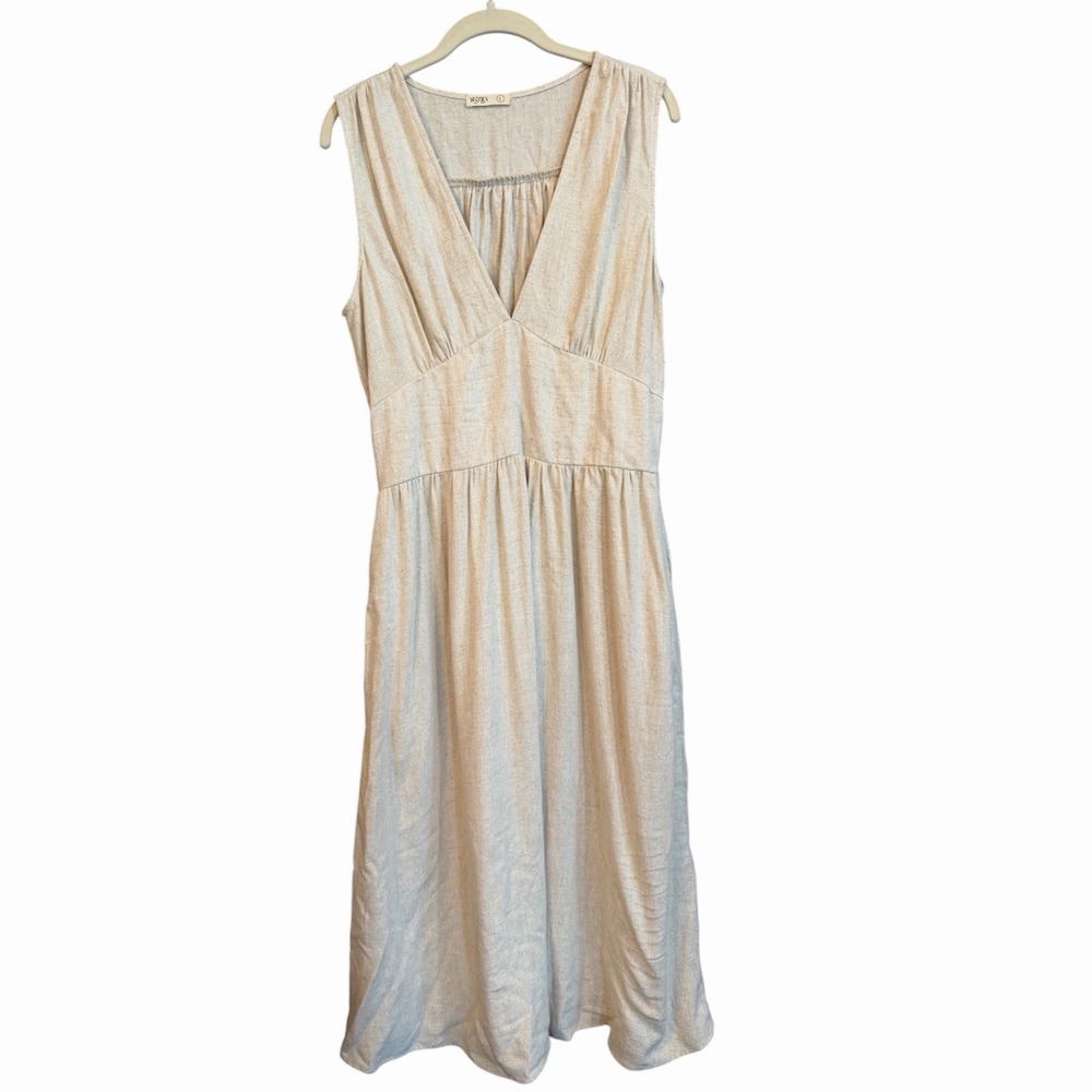 Sozy Womens Maxi Dress Large Ivory Sleeveless Rayon Linen Coastal Boho Beach